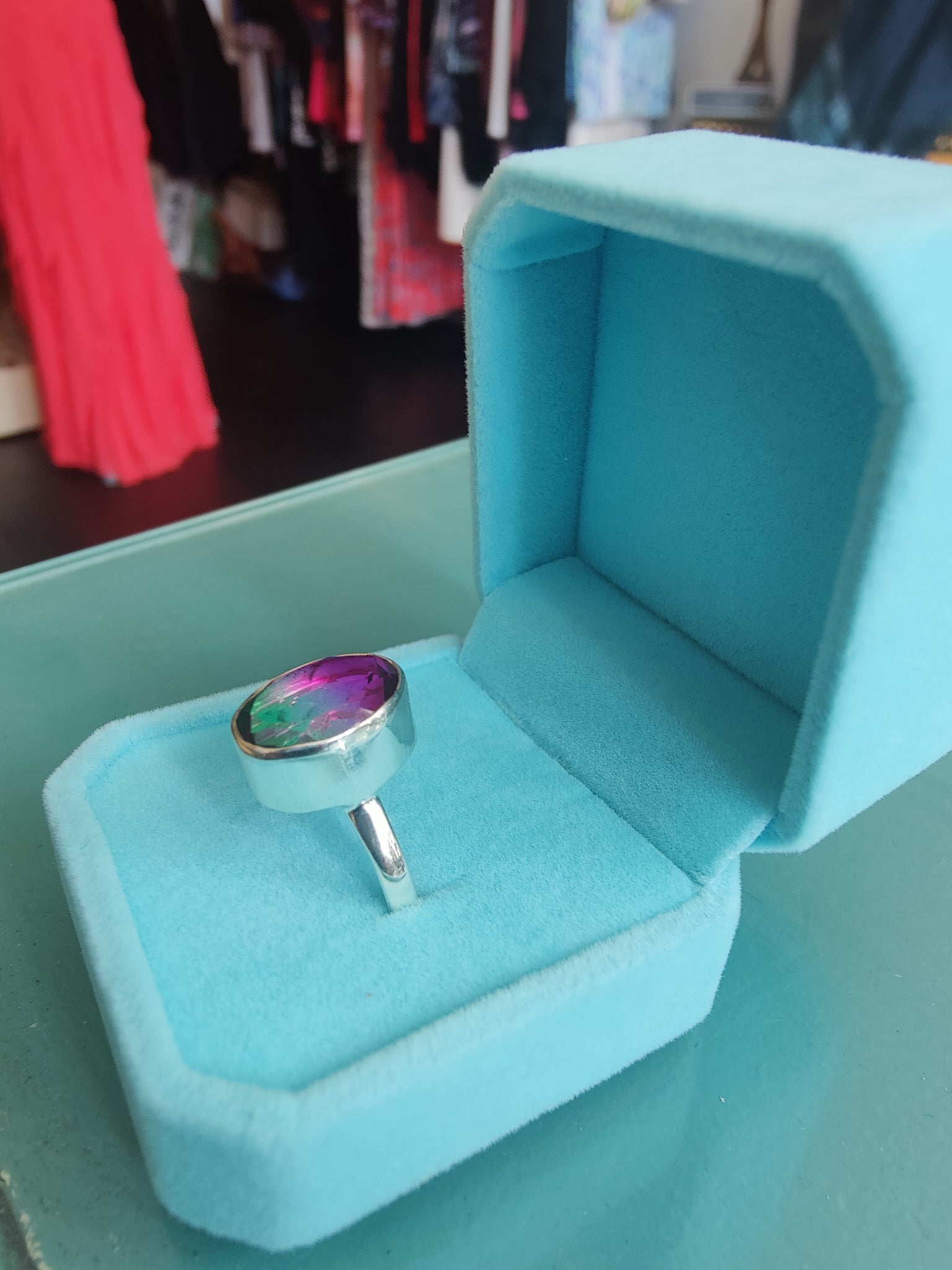 Sterling Silver & Oval Rainbow Quartz Ring, size 8