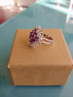 Purple & CZ Marquis Style Sterling Ring, size 6