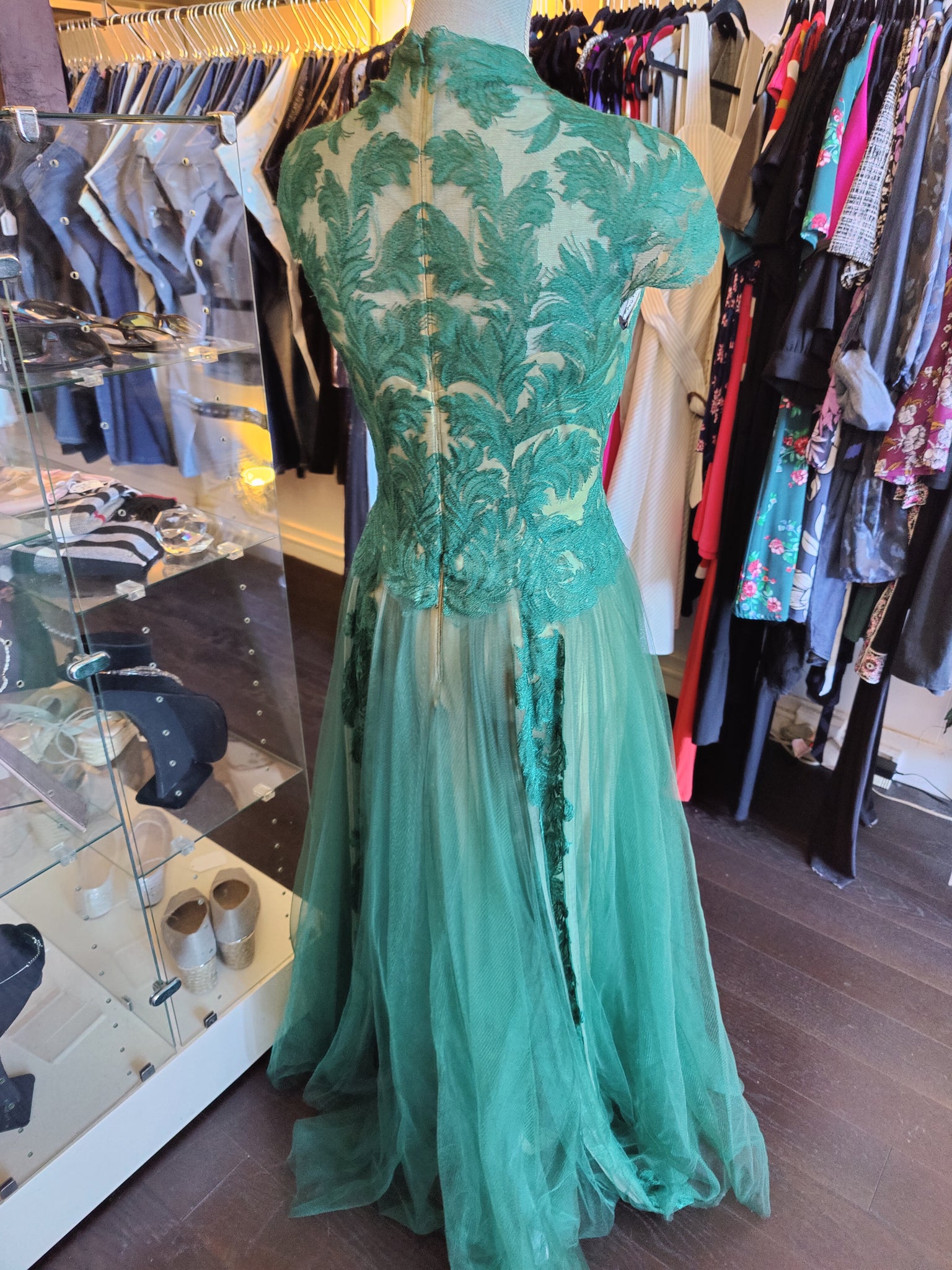 Long Green Tulle  Tadashi Shoji Dress, size 0