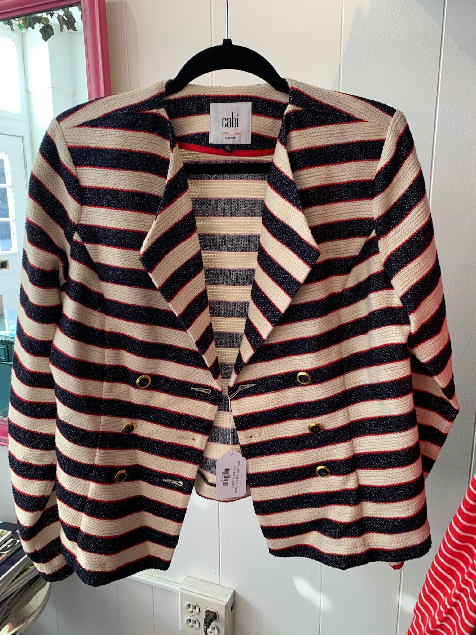 Blue, white and red striped Cabi Blazer, sizse 6