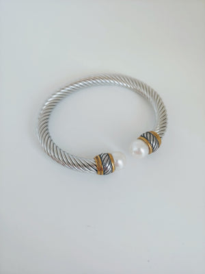 Silver Tone & Pearl Rope Bangle Bracelet